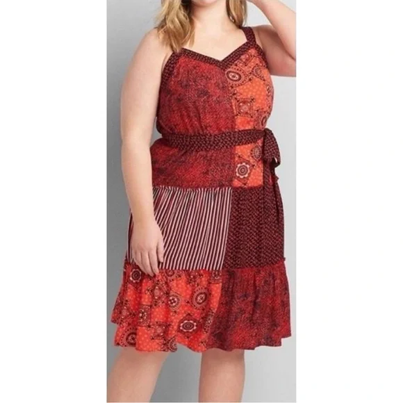 Lane Bryant Red Patchwork Print Midi Dress w/Belt, NWT, Size 14 Lane Bryant Red Patchwork Print Midi Dress w/Belt, NWT, Size 14